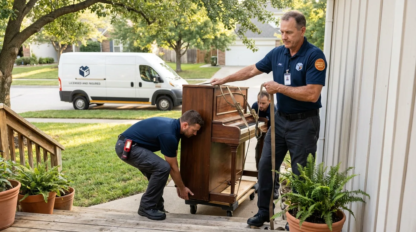 Licensed piano movers securing grand piano in Canton, GA
